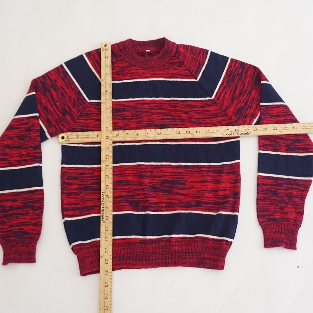 Navy Red Knit Stripe Ribbed Preppy Eclectic Grandpa Crewneck Sweater Medium